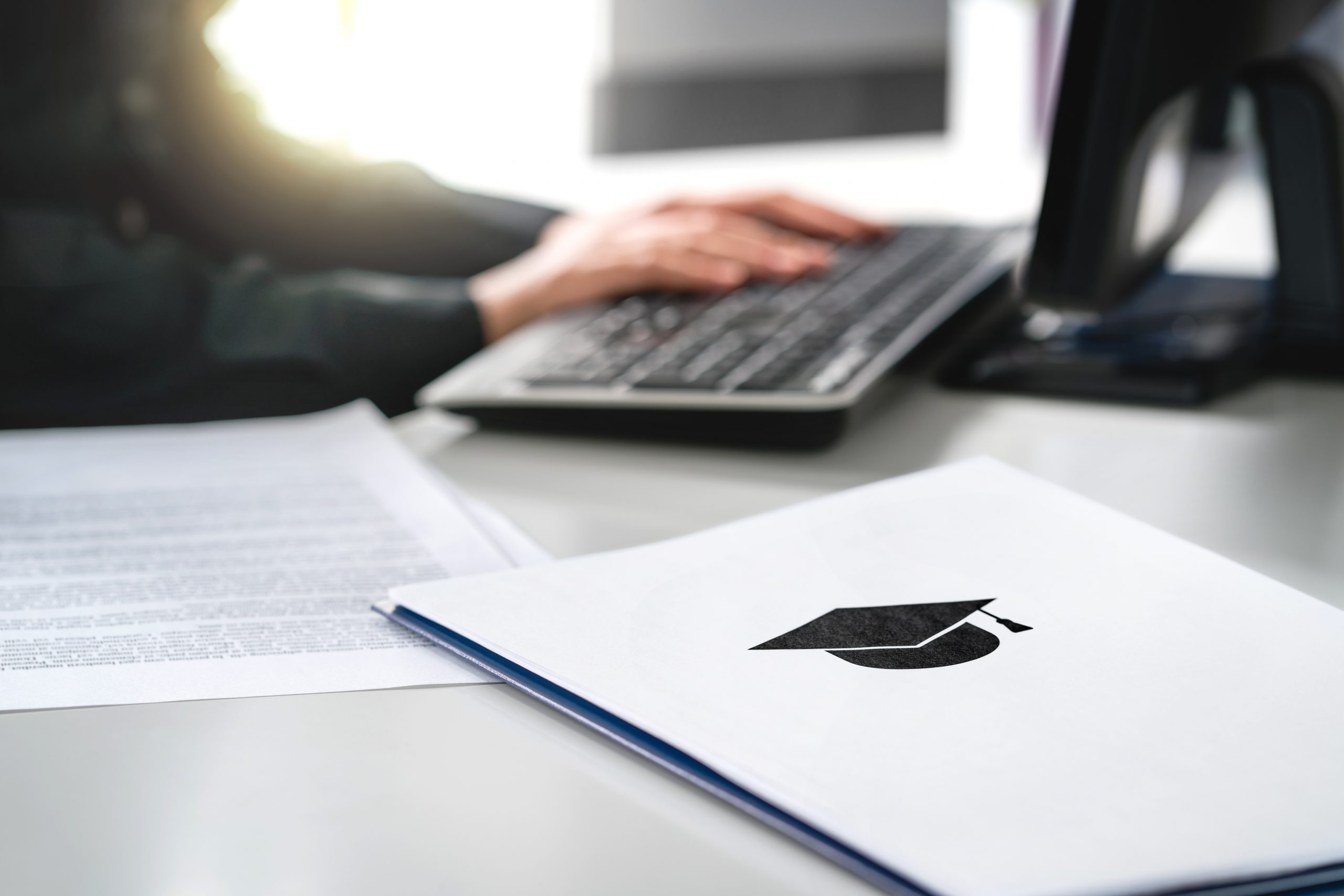 Student writing college or university application. Apply to school. Admission or grant. Teacher and computer. Principal or headmaster working in office. Politician, minister or secretary of education.